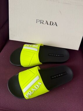 Prada Black Footbed Neon Yellow Strap Slide Sandals